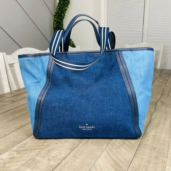 New Kate Spade Rosie Tote Bag Colorblock Denim In Blue Multi - Picture 5 of 13